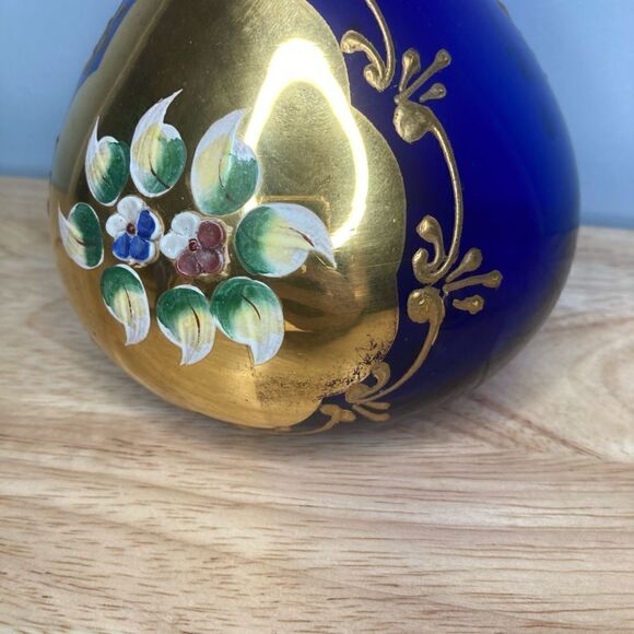 Antique Blue And Gold Glass Decanter & Set of 4 Glasses Hand Painted in Italy - Picture 7 of 10